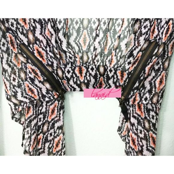 Sheer Mesh Aztec Cropped Back High-Low See-Through Zipper Cardigan Shrug Bolero - Picture 4 of 9